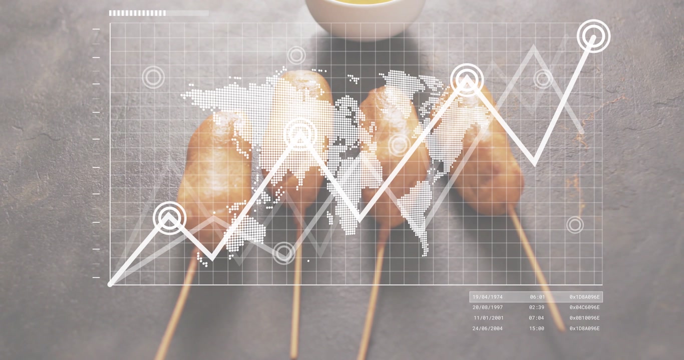 Grid fading overlaying map and circles drawing graph over corn dogs, sauce bowl to visualize trends