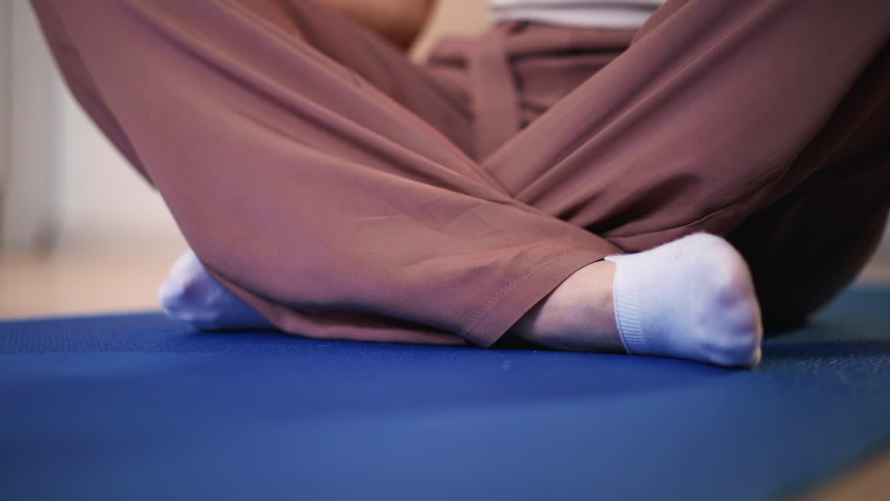 Close Shot Of Foot Textures, Closeup Photograph Capturing Foot Placement And Textile Intricacies, Magnified Image Showcasing Foot Positioning Along With Detailed Sock And Mat Fabric Textures