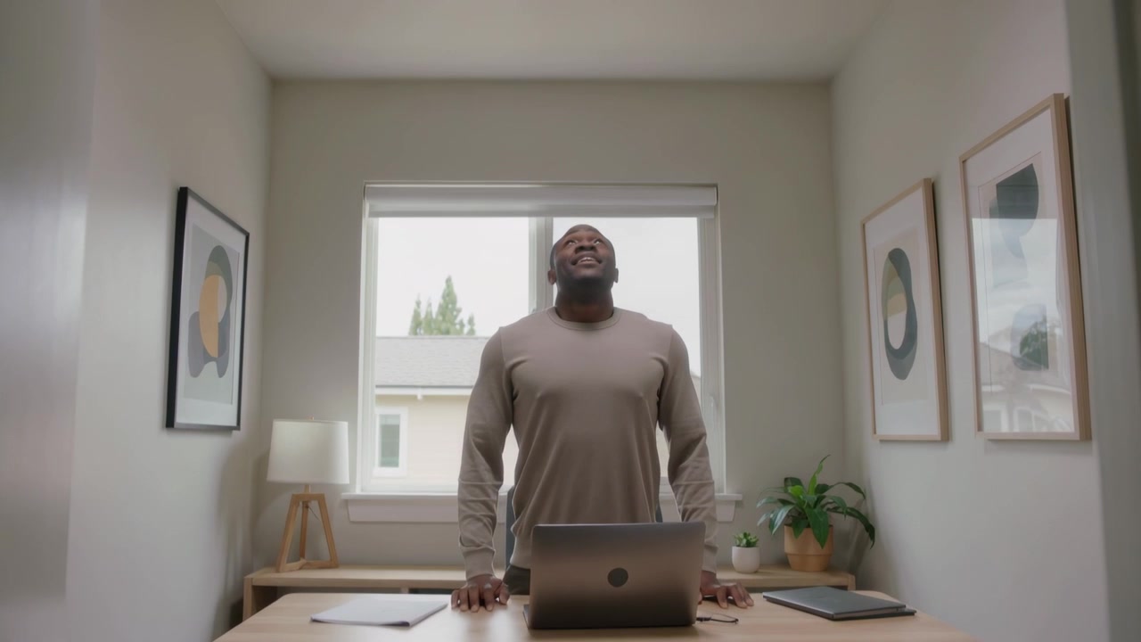 Straightening man in tan shirt with hands on desk in home office, responding to laptop notification