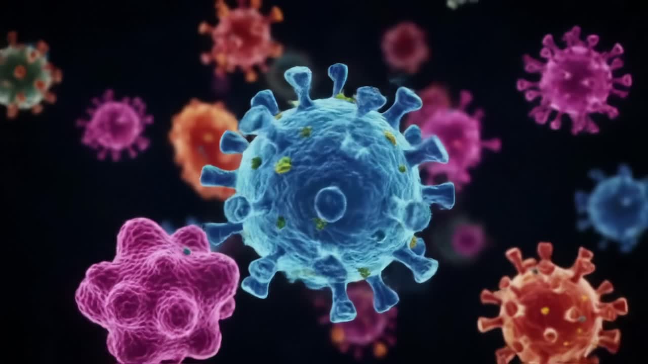 A Detailed Exploration of Viral Structures: Vibrant Microscopic Images Showcasing Various Virus Shapes and Colors in a Dynamic Environment