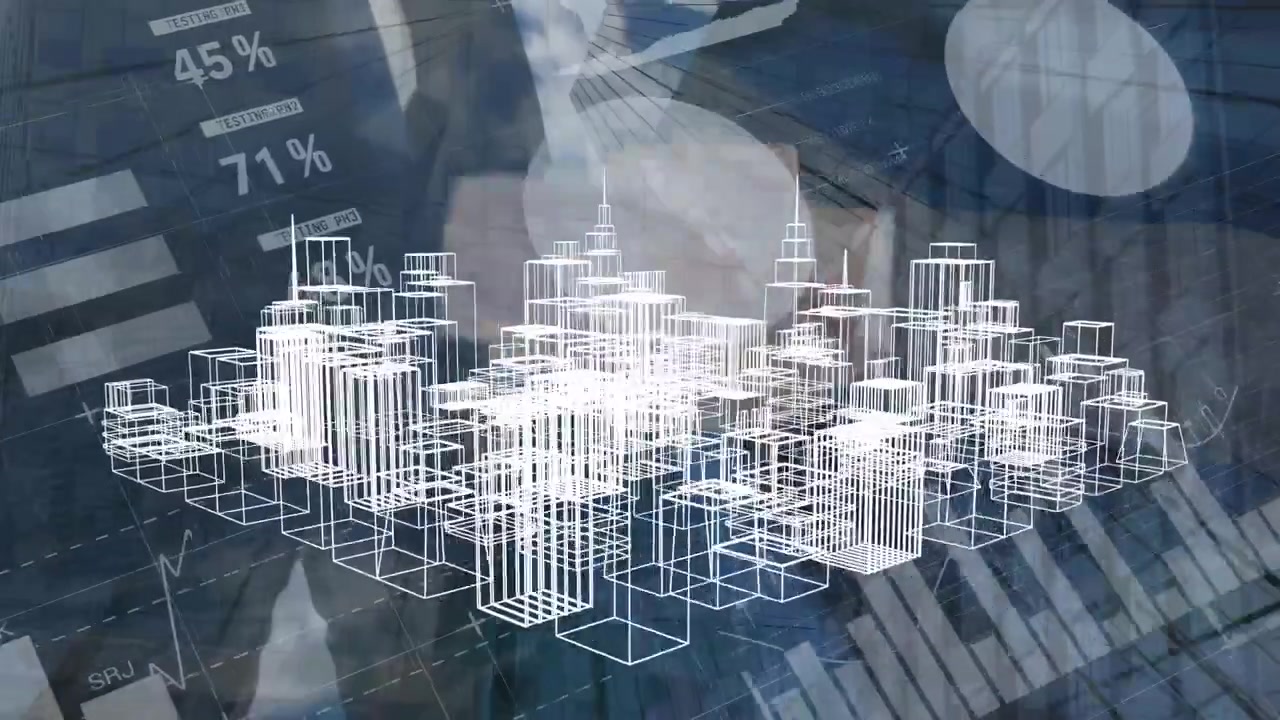 Animation of 3d city model over cityscape