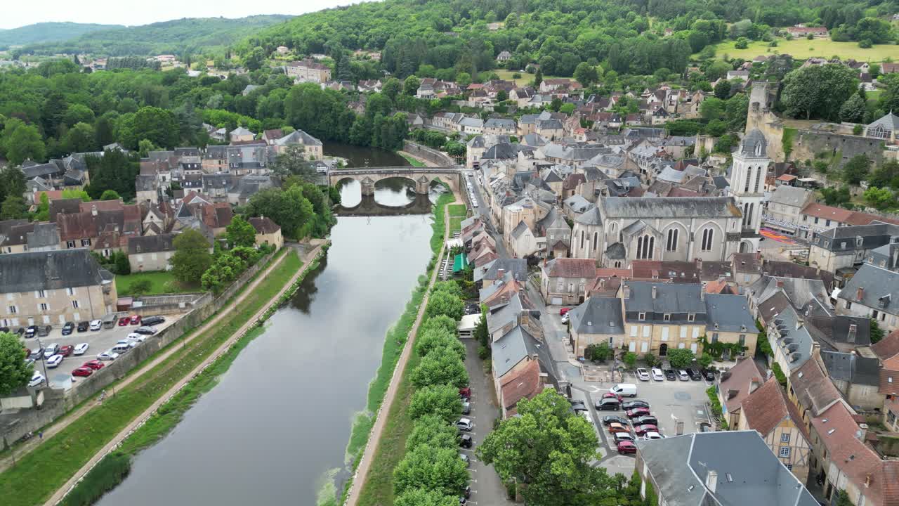 Montignac Lascaux town France panning drone , aerial , view from air