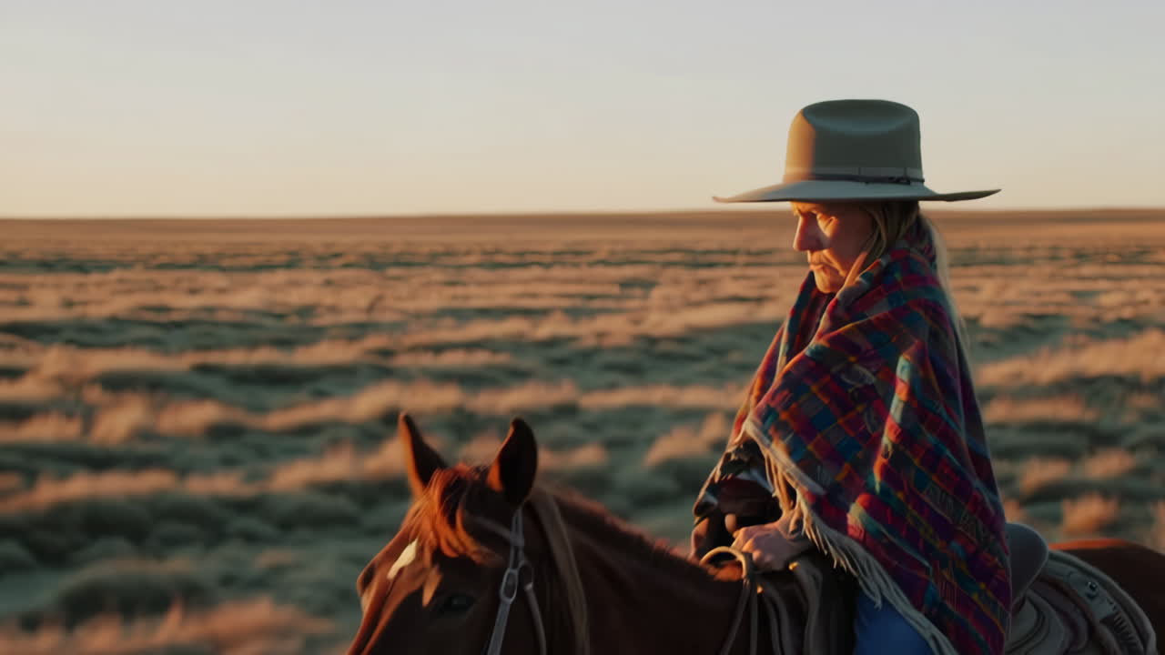 Portrait of an Older Woman in a Hat and Plaid Blanket during Sunset