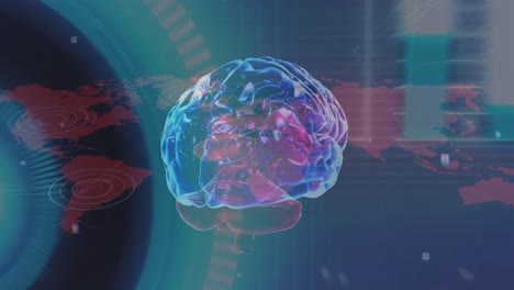 animación del cerebro humano, procesamiento de datos sobre el mapa del mundo