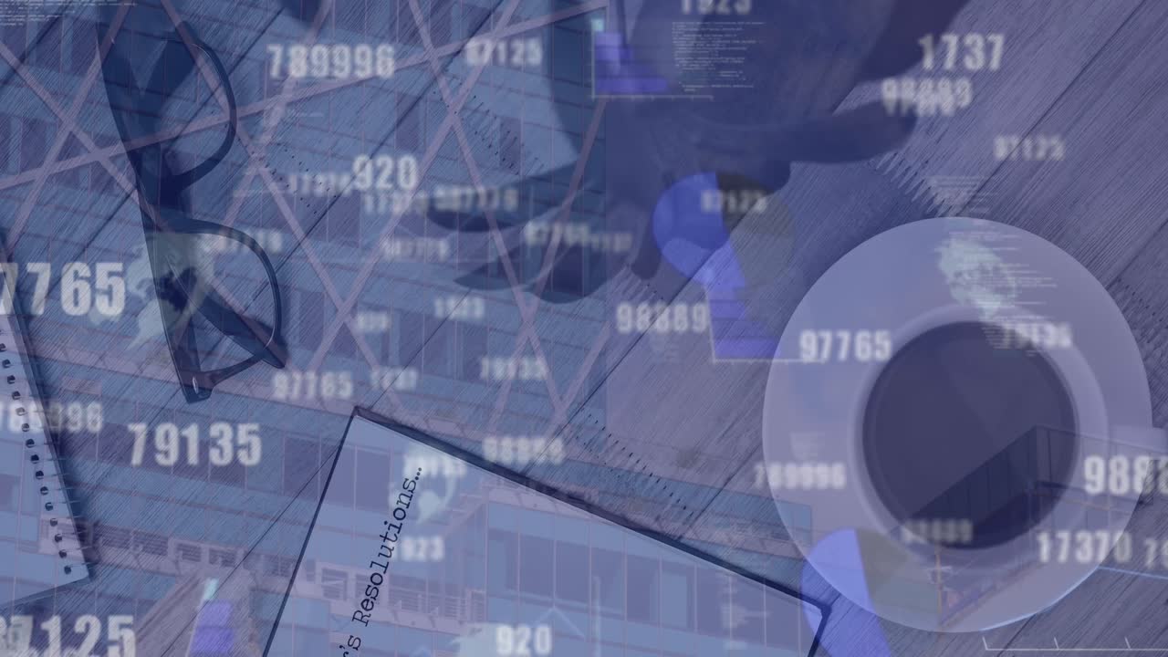 animazione dell'elaborazione dei dati statistici e del cambio di numeri su apparecchiature di ufficio su un tavolo di legno