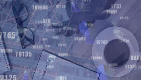 Animation-of-statistical-data-processing-and-changing-numbers-over-office-equipment-on-wooden-table