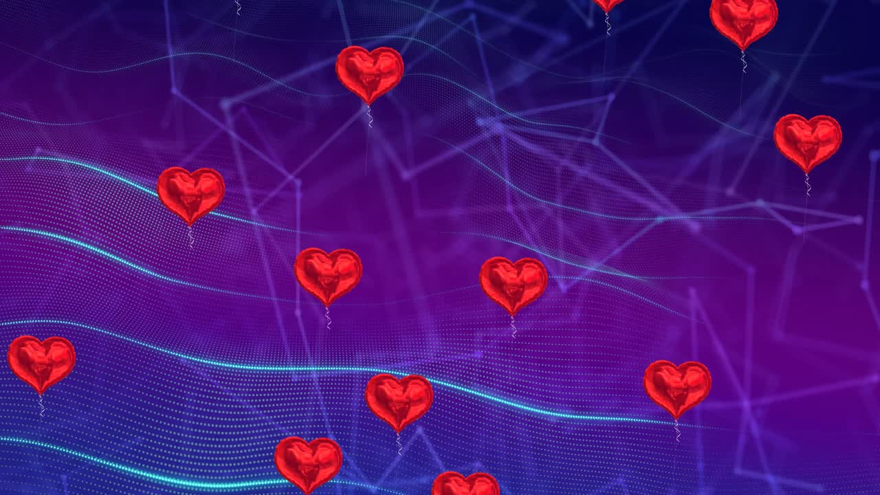 animación de iconos de corazón a través de una red de conexiones