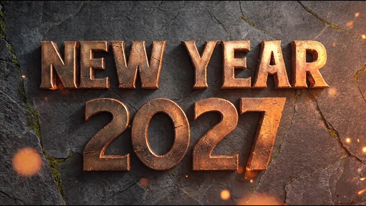 Nytår 2027 tekstanimation med brun-guld fed typografi på mørk baggrund