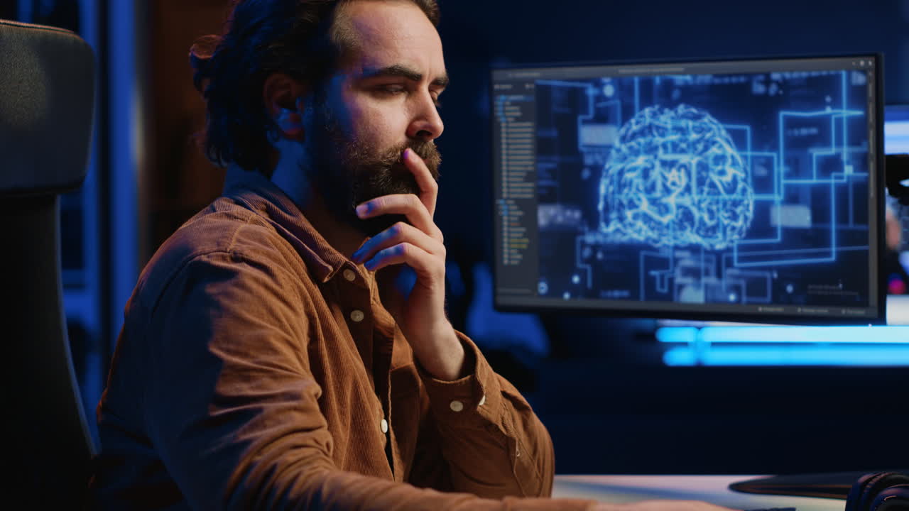 IT expert enjoying hot beverage while running AI simulations