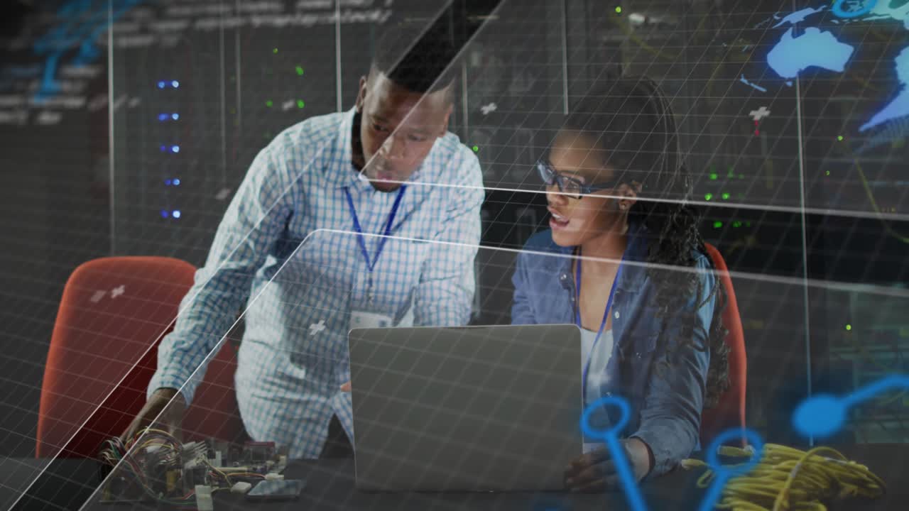 IT professionals inspecting circuit board in server room, displaying holographic network world map