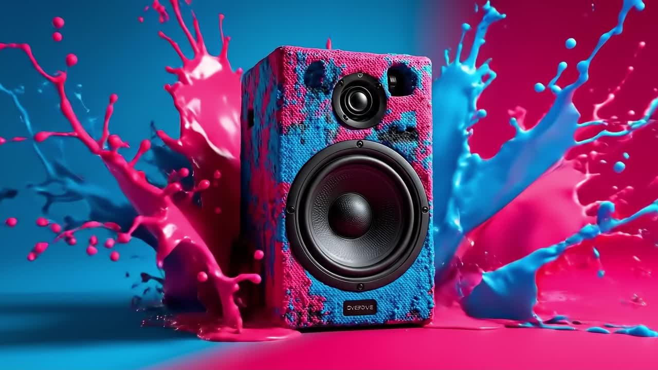 A pink and blue speaker with splashes of paint on it