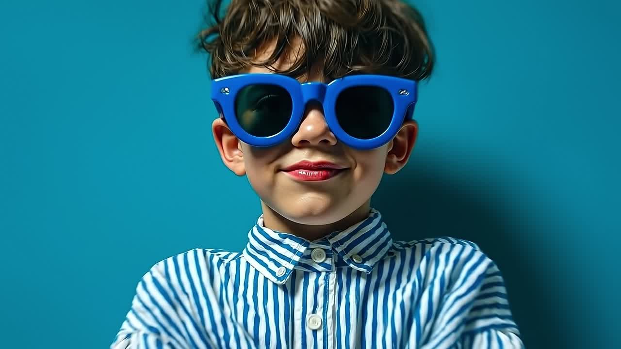 A young boy wearing a blue and white striped shirt and blue sunglasses