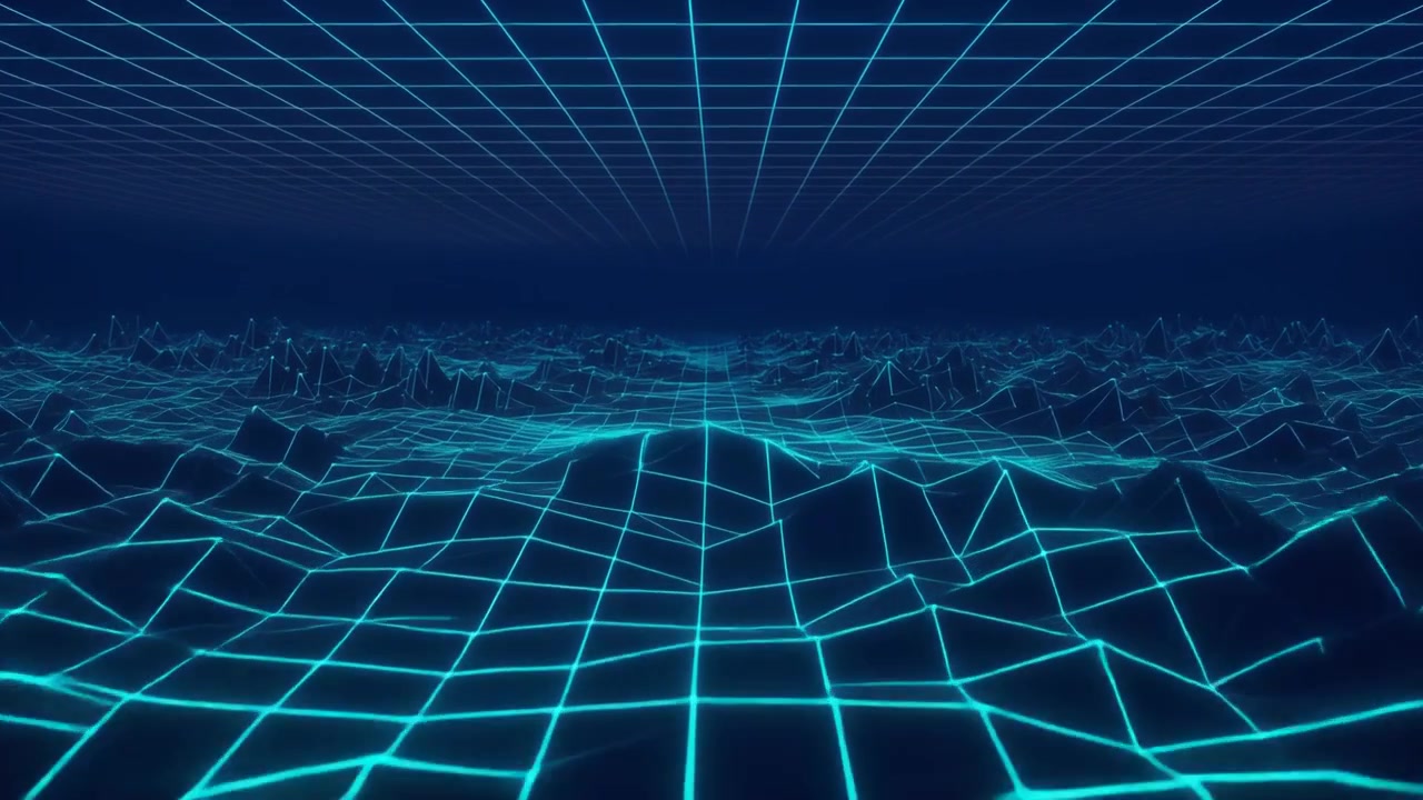 Retro Synthwave Style Digital Landscape with Glowing Blue Grid