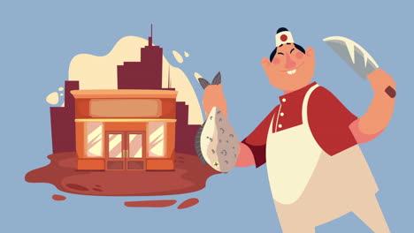 trabajador chef japonés con animación de pescado y cuchillo