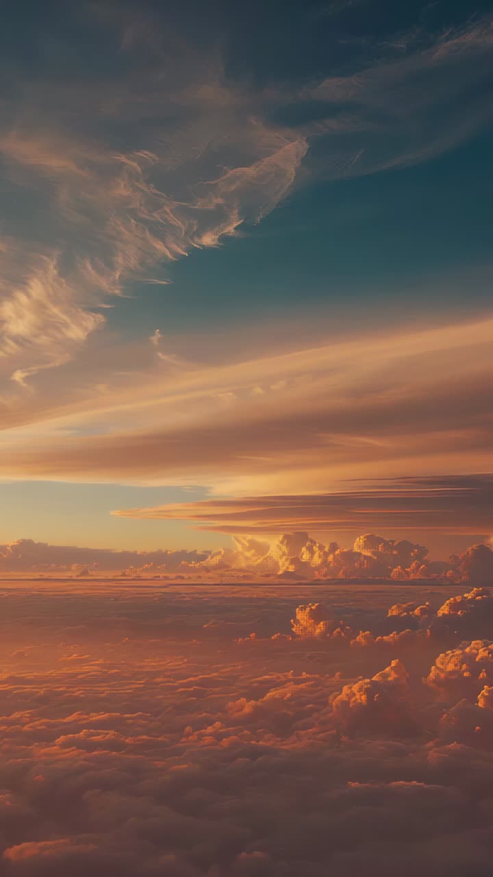 Vertical video: Shifting layered clouds revealing texture in sunset light from plane, cirrus plume
