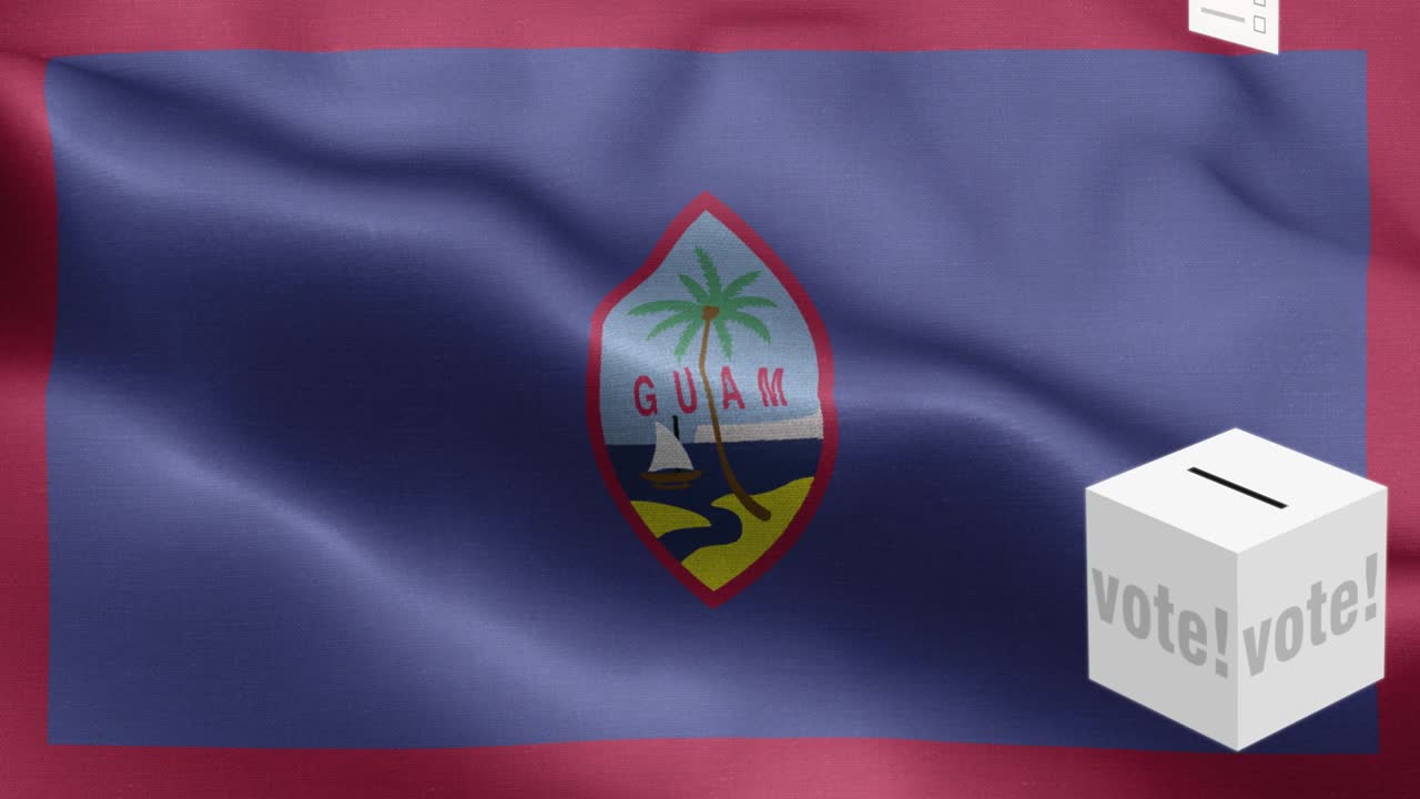 Ballots fly to box for Guam selection - Ballot box in front of flag - Election - Vote - Flag Of Guam - Guam Flag High Detail - National flag Guam wave Pattern loopable Elements - Fabric texture and endless loop