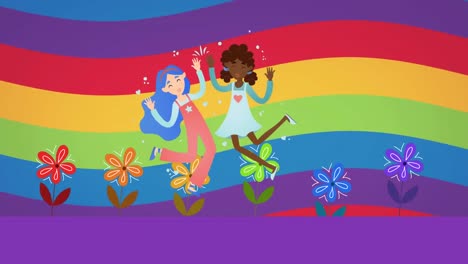 animación de una pareja de mujeres bailando sobre flores arco iris y fondo arco iris.