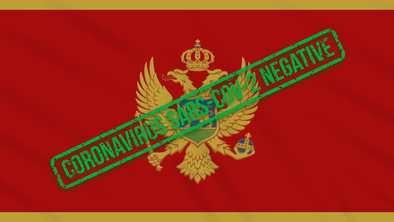 montenegro balanceando una bandera con un sello verde de libertad del coronavirus, bucle