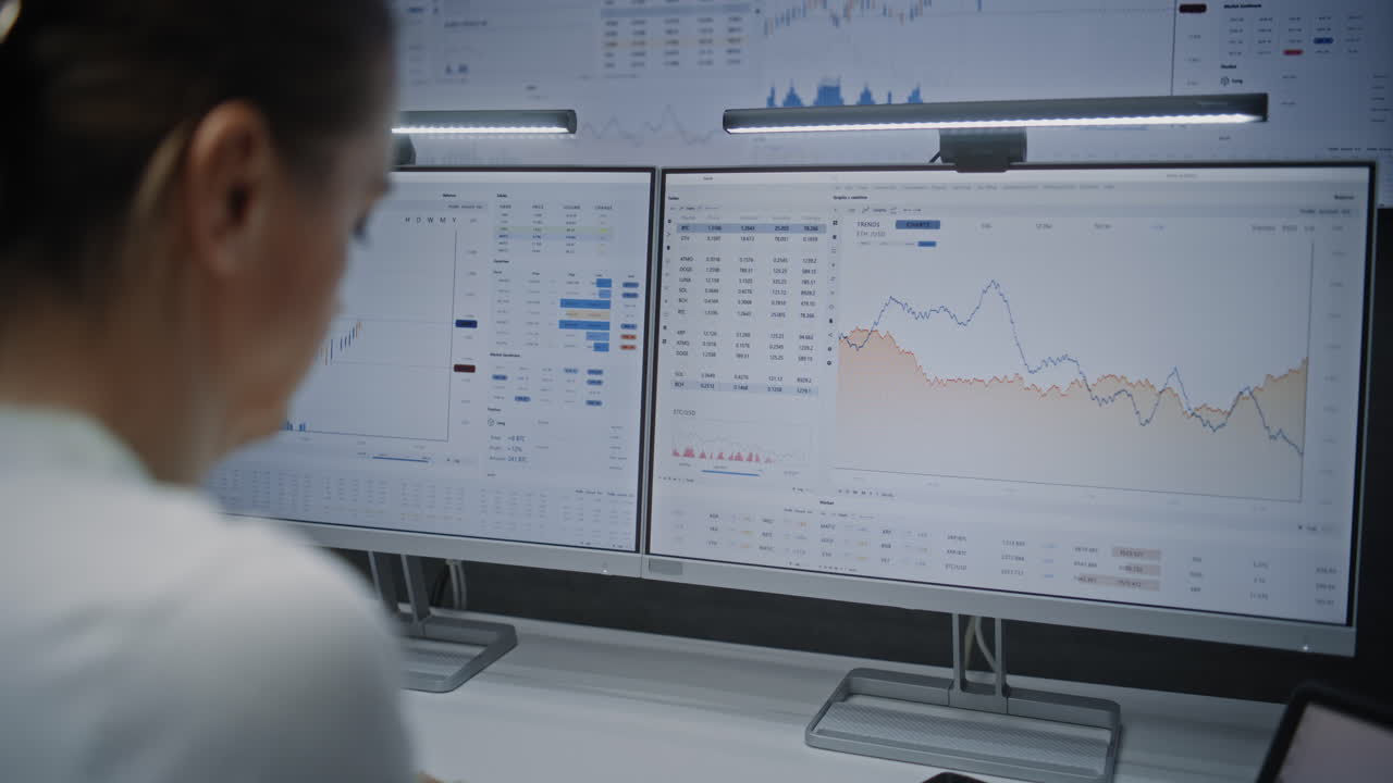 Female Stock Exchange Trader Analyzing Real-Time Stocks, Exchange Market Charts on Computer with Multi-Monitor System with Online Trading Software. Investment Agent Working in Financial Agency Office.