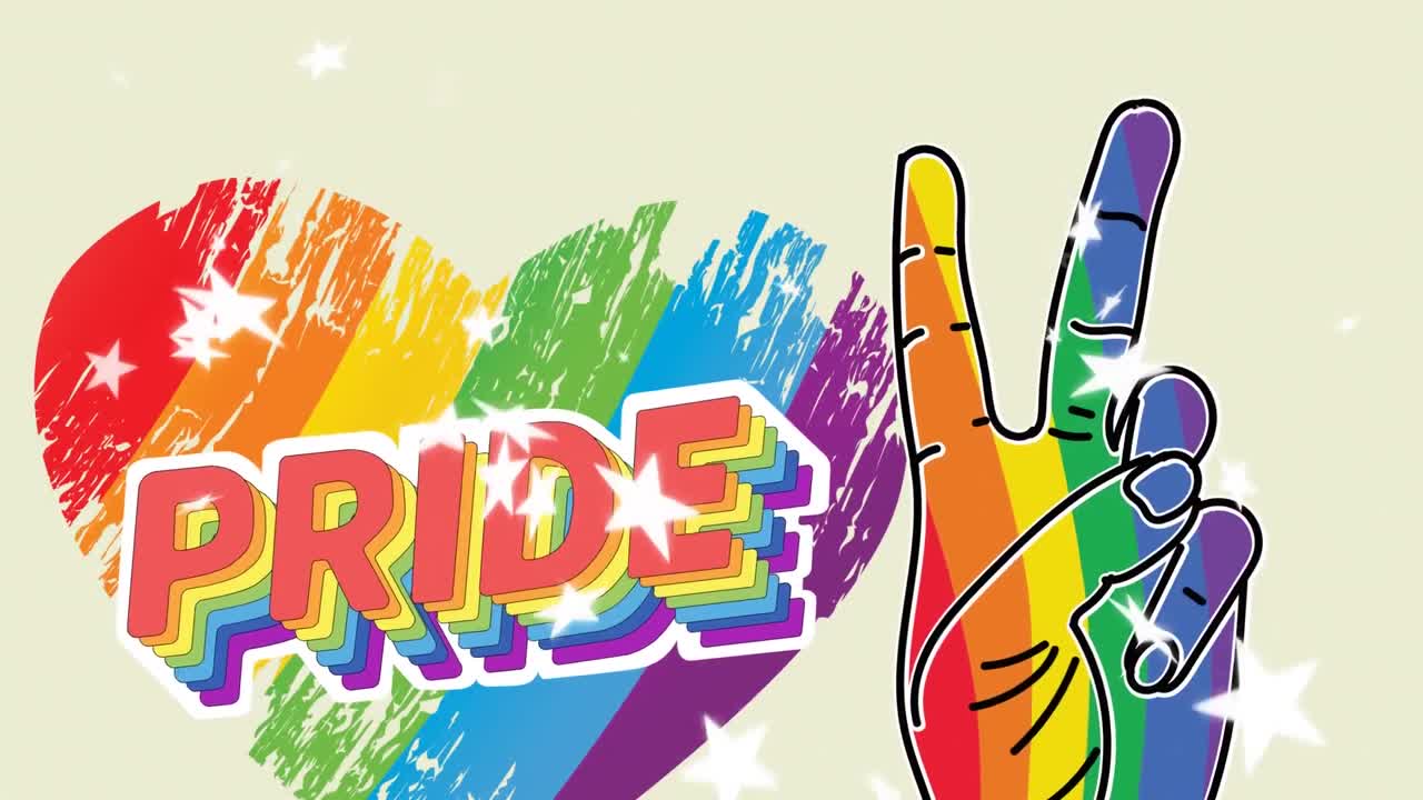 무지개 평화 손 표시와 심장 모양의 단어 자부심의 애니메이션 베이지에 떨어지는 별 위에