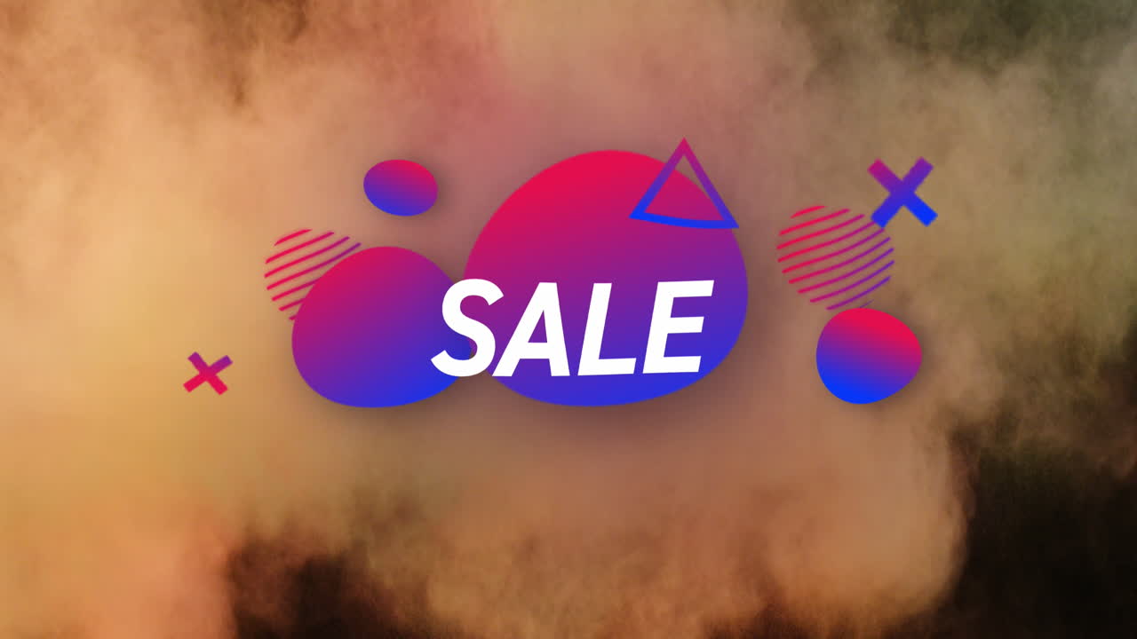 animación del texto de venta con formas sobre polvo de colores sobre fondo negro.