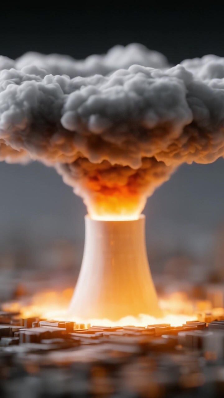 A dramatic depiction of a nuclear explosion, showcasing the intense energy release and ominous cloud formation rising above a desolate landscape, emphasizing the power of human innovation and destruction.