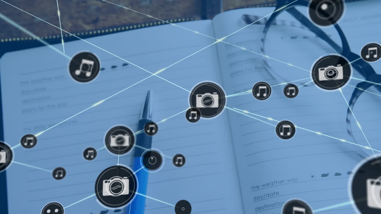 안경과 노트북 위의 아이콘으로 연결 네트워크의 애니메이션