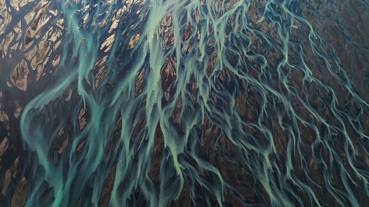 Kalfafell River Braids In Iceland - Aerial Top Down