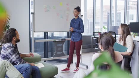 Diverse group of business colleagues brainstorming using whiteboard in meeting room