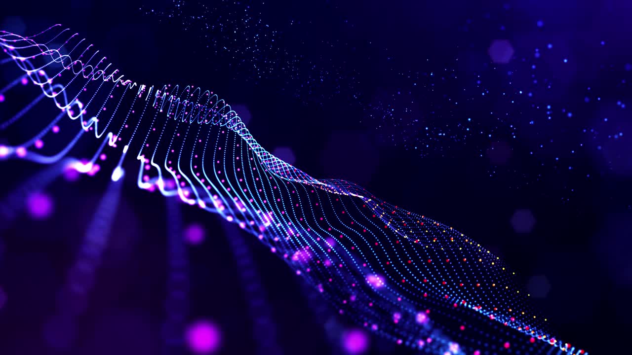 4k fondo de partículas de ciencia ficción en bucle con bokeh y efectos de luz. las partículas azules brillantes forman líneas, superficies, estructuras complejas en movimiento suave como en el microworld o el espacio. 9