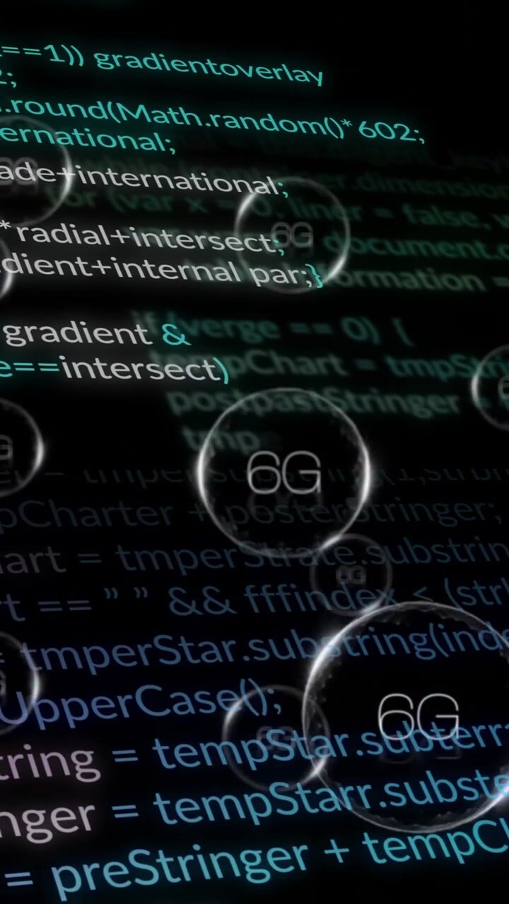 Animation of 6g text and digital data processing over black background