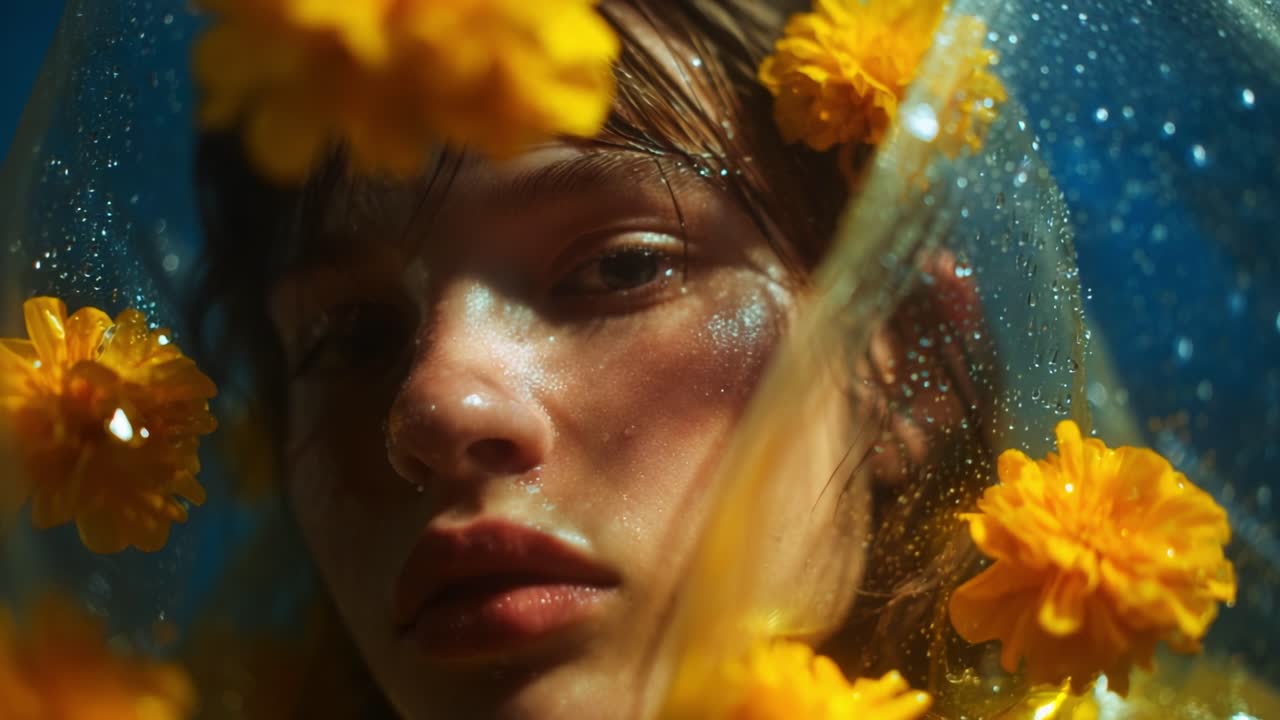 Un ritratto etereo di una figura immersa in un'atmosfera onirica, splendidamente catturato sotto veli traslucidi adornati da vivaci fiori gialli su uno sfondo accattivante, che mette in mostra una bellezza incantevole
