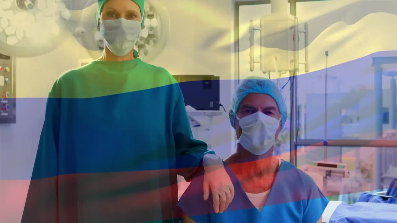 Animation of flag of columbia over diverse surgeons in operating room