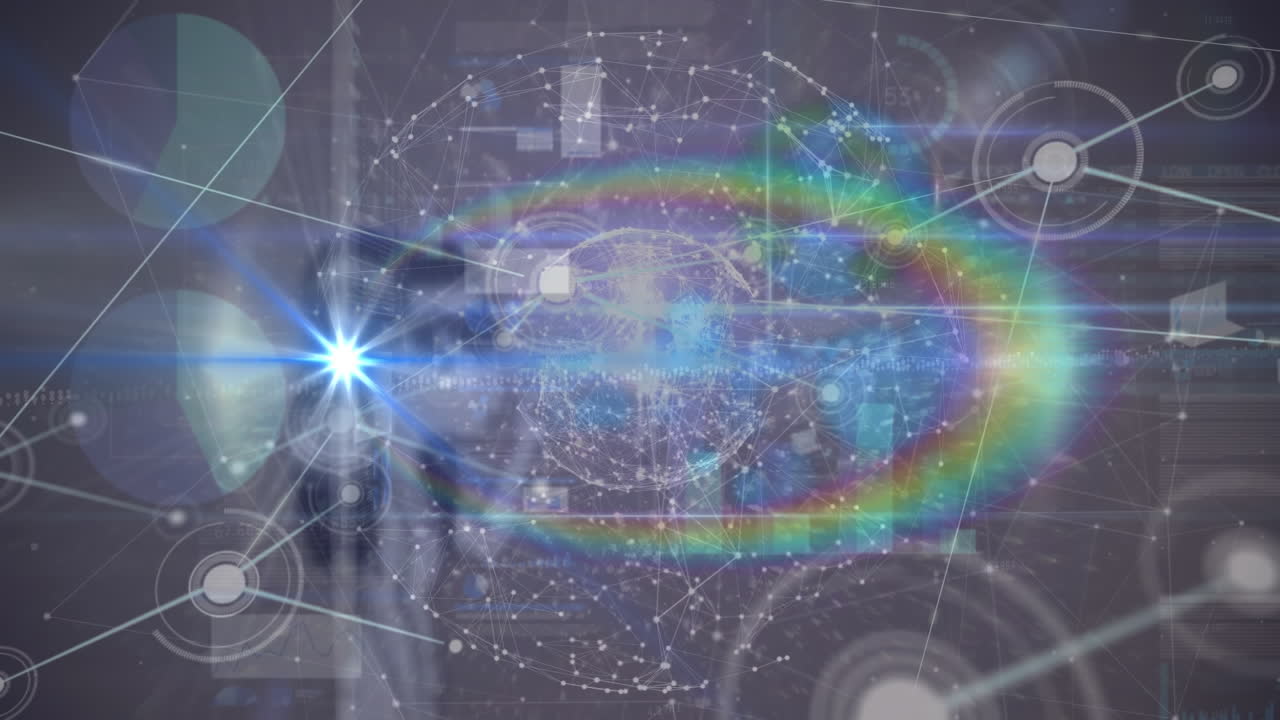 지구를 형성하는 점의 애니메이션, 렌즈 플레어, 여러 그래프에 대한 선으로 연결된 점