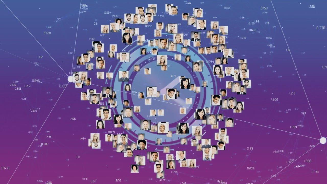 Animazione di un globo composto da foto di diversi utenti e connessioni su sfondo viola.