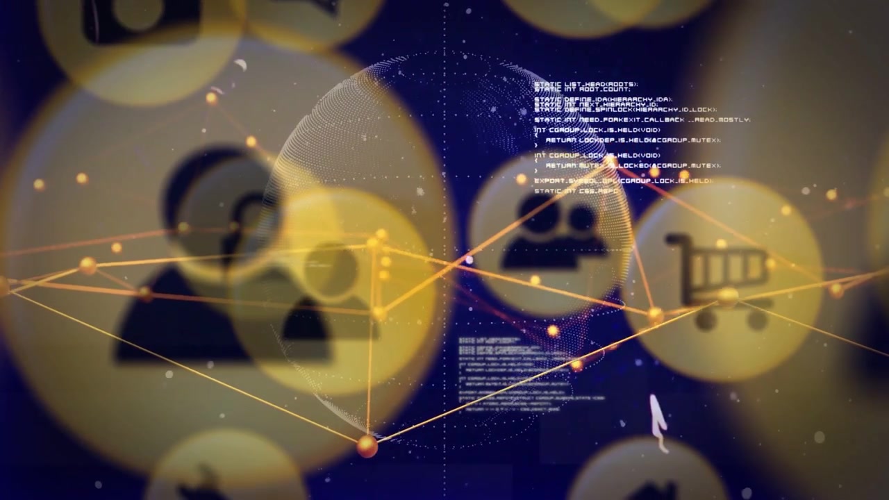 User icon cluster reacting to data flow, animating badges, cart forming mesh around globe