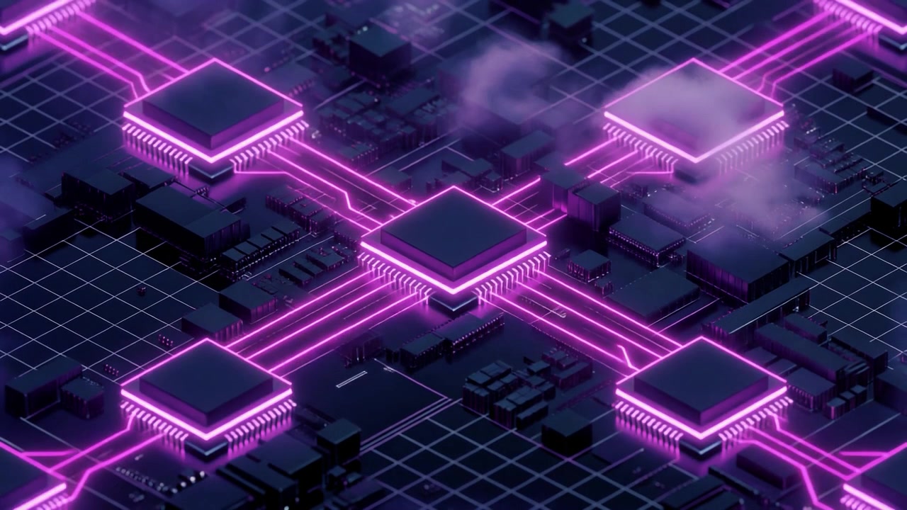 Futuristic Computer Processor Chips with Glowing Purple Data Circuits