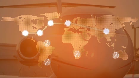 animation of network of connections over world map and airplane