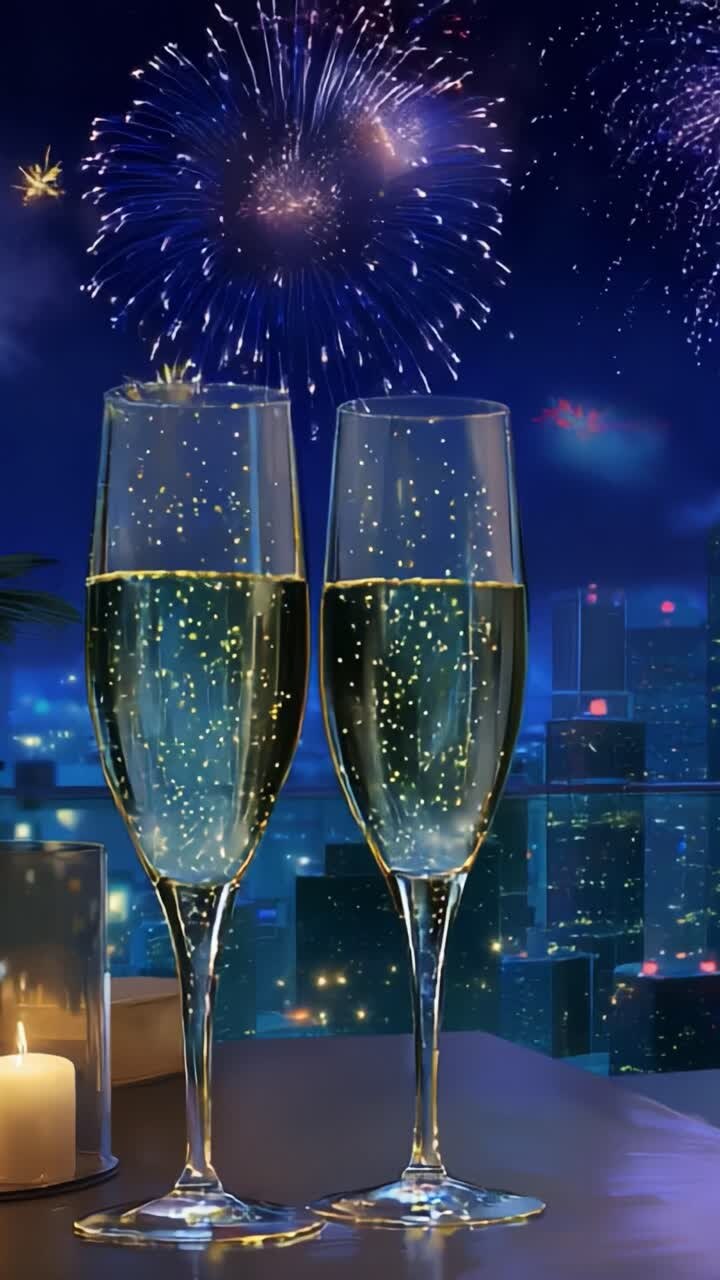 Brindisi celebrativo con calici di champagne scintillanti sullo sfondo di uno spettacolare spettacolo pirotecnico sopra lo skyline di una città, a simboleggiare la gioia e i nuovi inizi in una notte di festa piena di magia