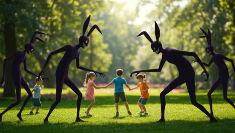 a mysterious encounter in the park: dark figures loom over children playing, creating an atmosphere of tension and curiosity amidst a serene background