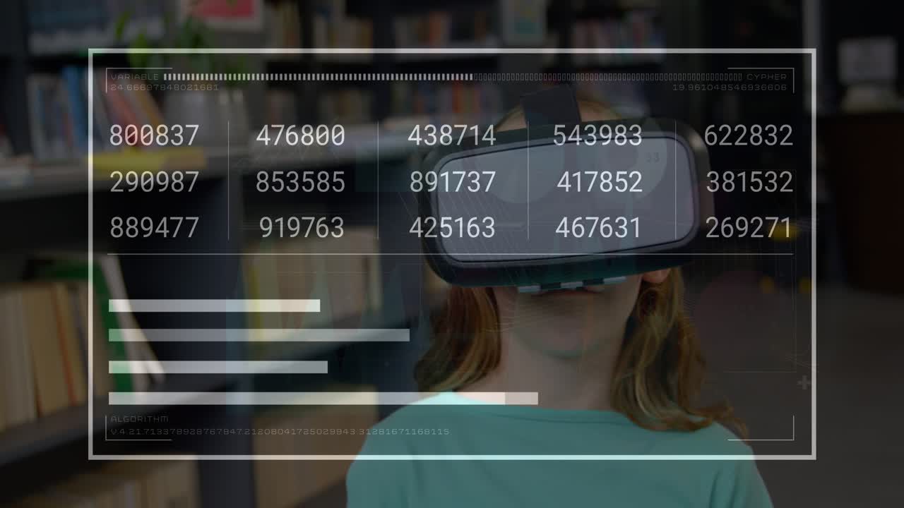 Animation of data processing over caucasian schoolgirl using vr headset