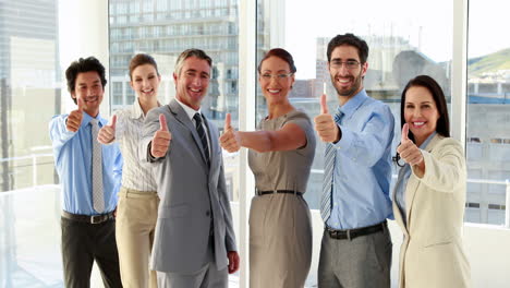 equipe de negócios mostrando polegar para a câmera