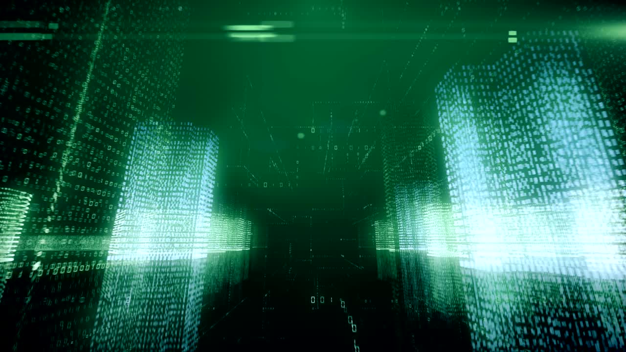 Seamless abstract flight in a virtual digital city in a binary code space, green color