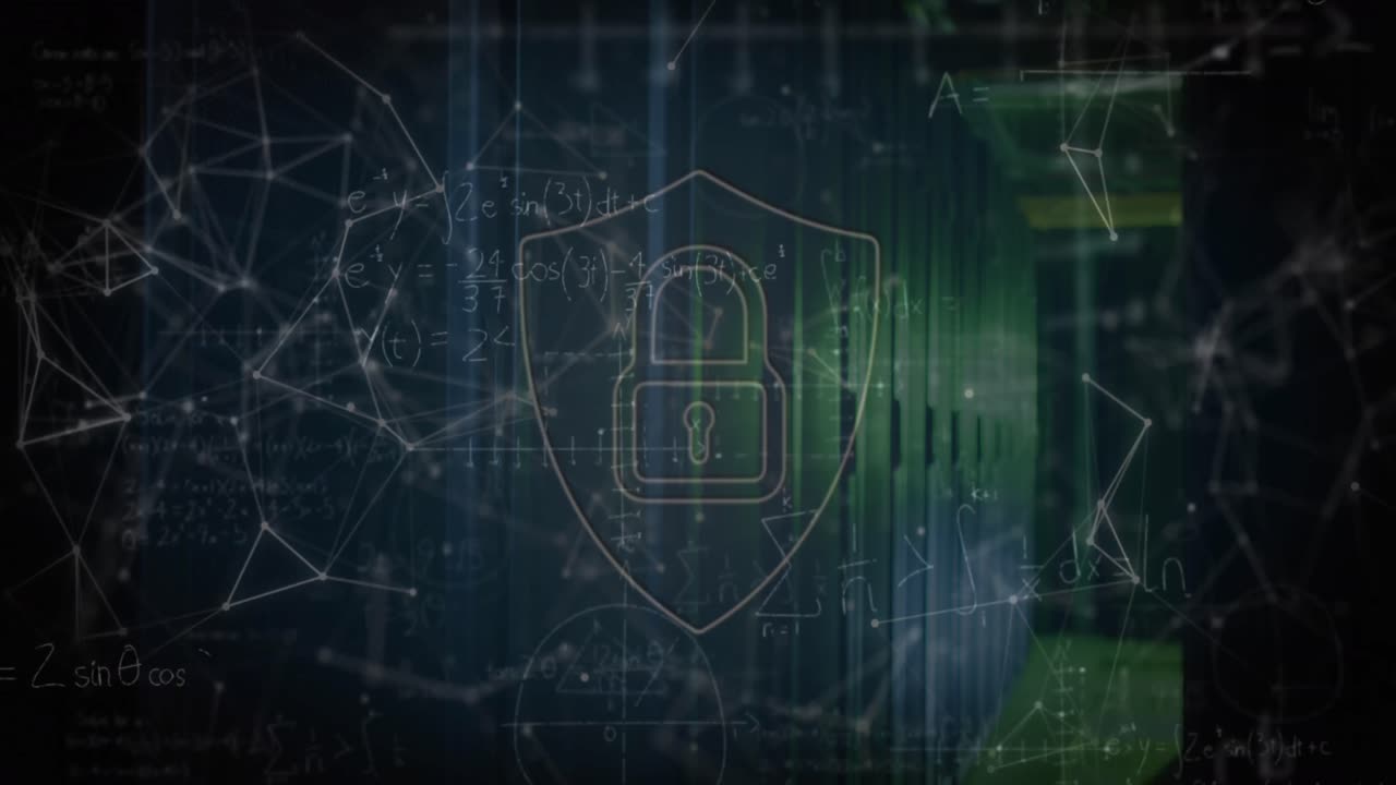 Animation of padlock and shapes over mathematical equations and server room