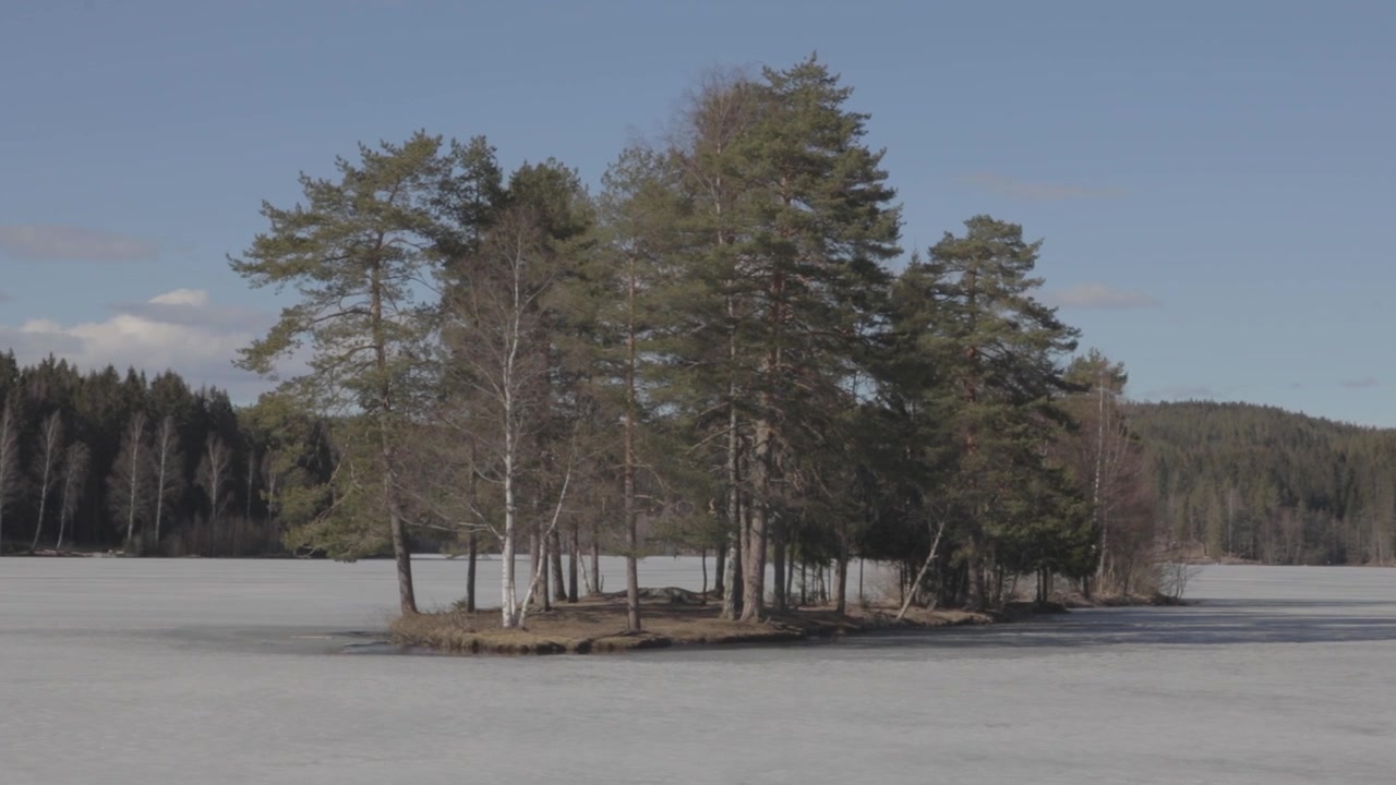 Nærbilde av skogkledd øy omgitt av frosne Sognsvann i Oslo om våren