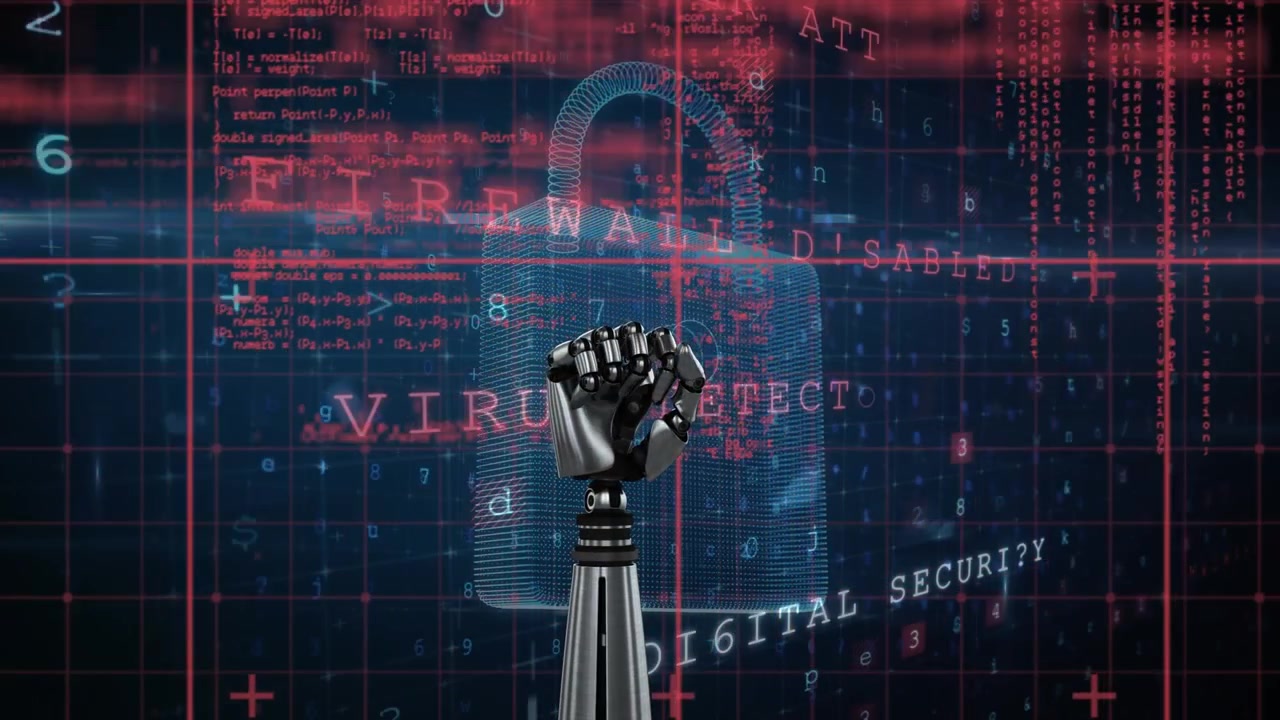 Animasi tangan robotik di atas pemrosesan data dengan latar belakang hitam