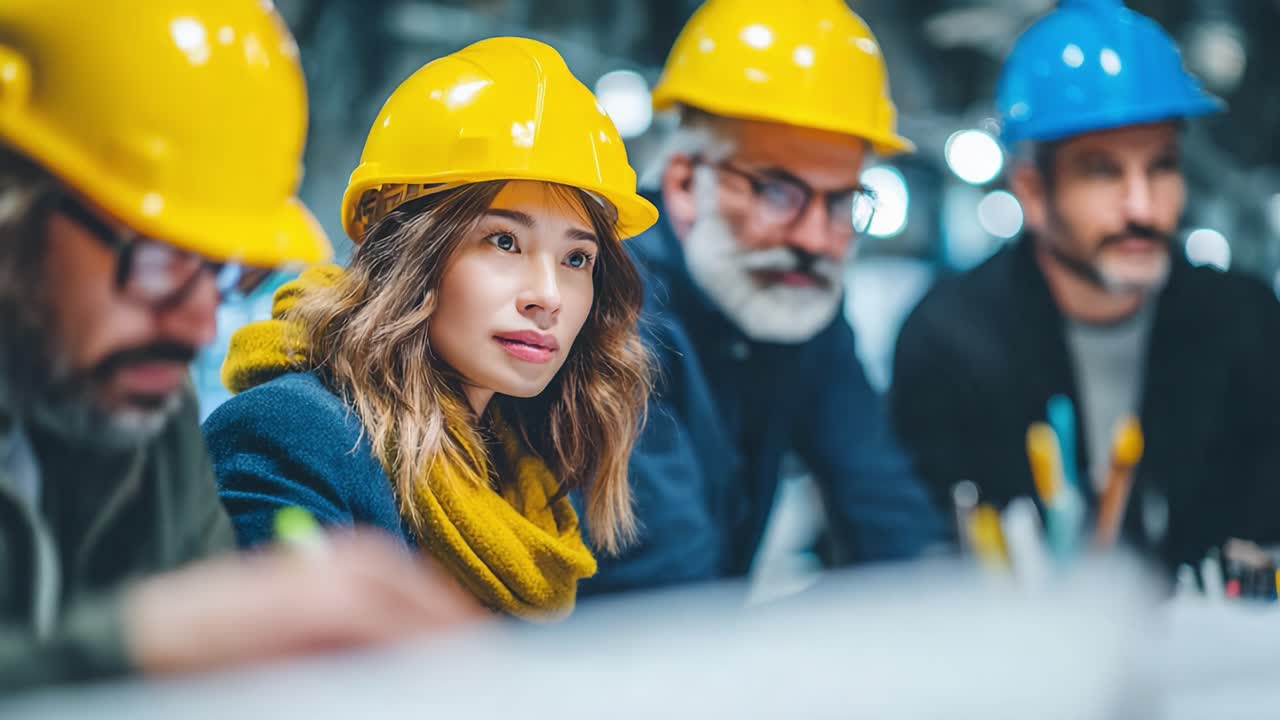 A Focused Team Collaborating in a Dynamic Environment: Engineers Reviewing Plans Together with Safety Helmets and Intent Expressions
