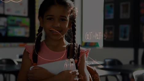 Animation-of-mathematical-equations-over-smiling-schoolgirl-holding-tablet-in-classroom