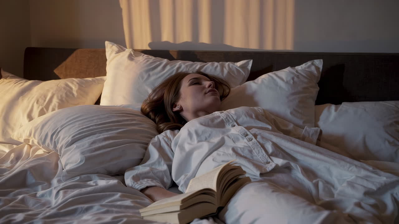 책과 함께 침대에서 자고 있는 여자
