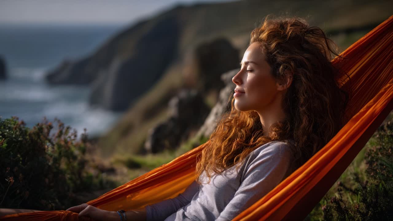 Un sereno momento di relax: una donna che si gode la natura in un'amaca in riva all'oceano, immortalando tranquillità e beata serenità in un paesaggio suggestivo.